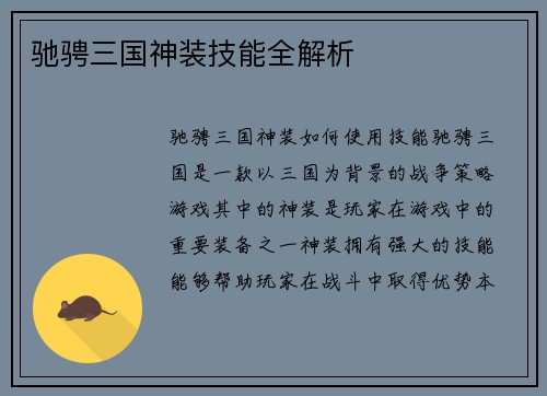 驰骋三国神装技能全解析